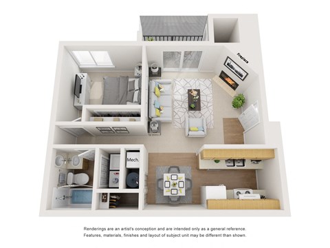 3-D image of a one bedroom one bath floor plan